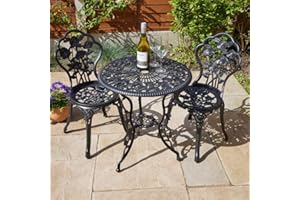 Home Source Rose Garden Patio Outdoor Bistro Set Table and 2 Chairs Metal Garden Furniture, Black