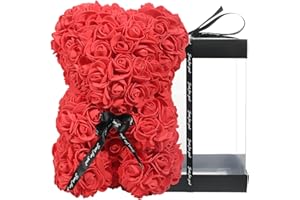 AZXU - Orsacchiotto composto da rose artificiali, per anniversari, regalo per mamma, confezione regalo trasparente inclusa - Rosso
