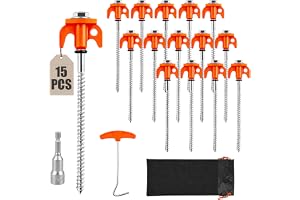 Forhandy 15-pack tältpinnar stormsäkra, tältpinnar för skruvning 20 cm | Skruvringar stål med 13 mm hylsnyckel markpinnar och väska för hårda golv sand stenar för camping picknick förtält