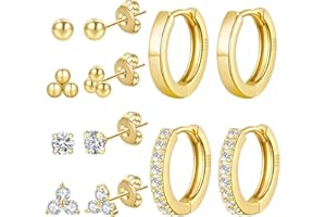 PRETOLE 6/8 Pairs Sterling Silver Stud Earrings for Women,14K Gold Plated Tiny Stud Earring Set for Multiple Piercing Cartilage Hypoallergenic Earrings Cubic Zirconia Small Stud Earrings for Girls Men