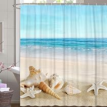 Duschvorhang Mit Strand-Motiv – Blaugrünes Ozean-Design Mit Muscheln & Seesternen, Wasserabweisend, Inkl. 12 Haken