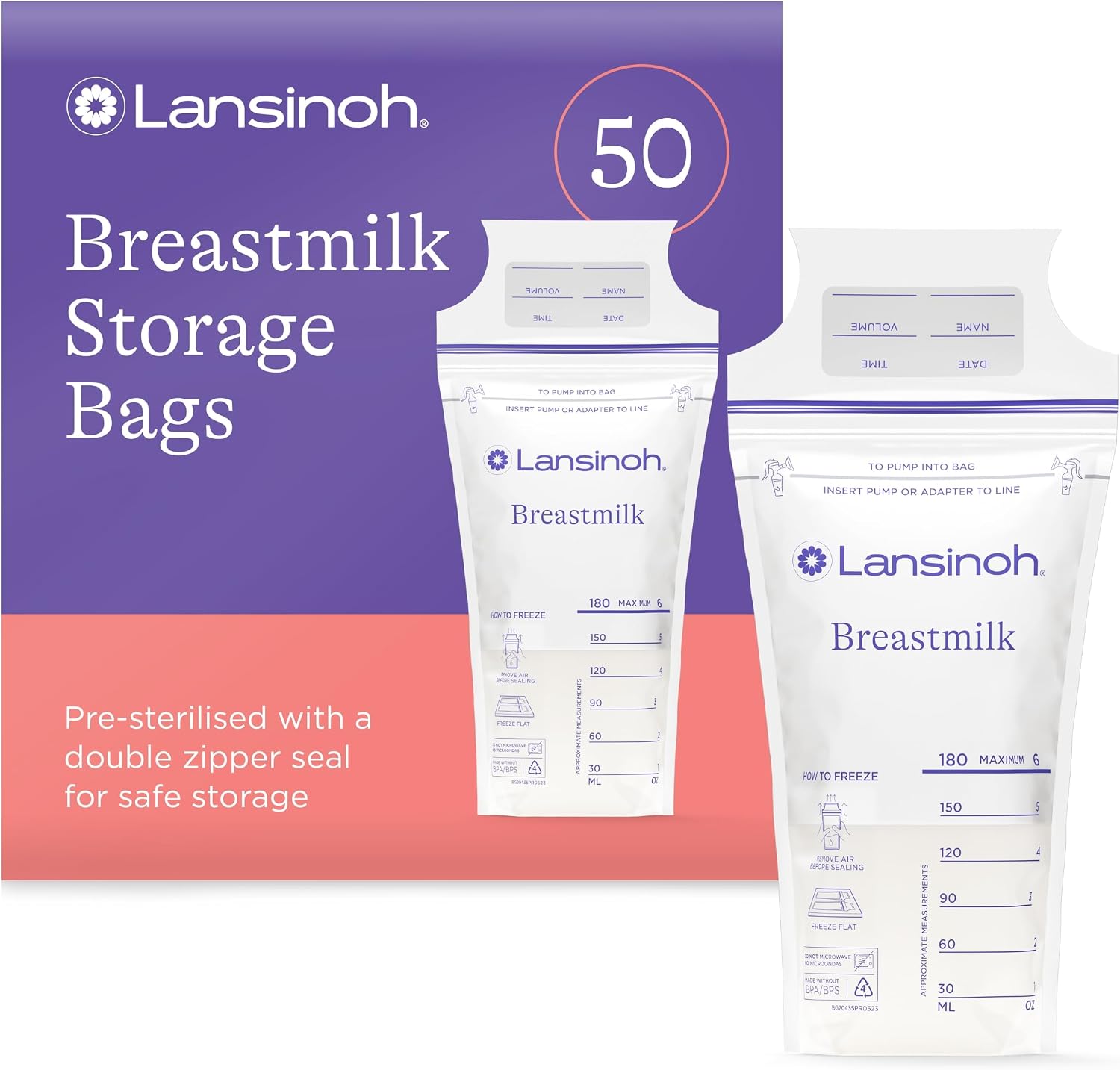 Lansinoh Breast Milk Storage Bags - Pre-Sterilised, Leakproof & BPA/BPS-Free - Fridge & Freezer Breastmilk Pouches - Pump into bag with Lansinoh Breast Pumps - Breastfeeding Essentials - 50 Pack