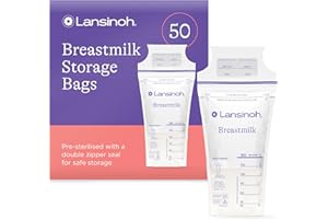 Lansinoh Breast Milk Storage Bags Breastmilk Pouches for fridge or freezer use, store flat or standing, BPA and BPS free, pre-sterilised, double zipper seal, Pack of 50