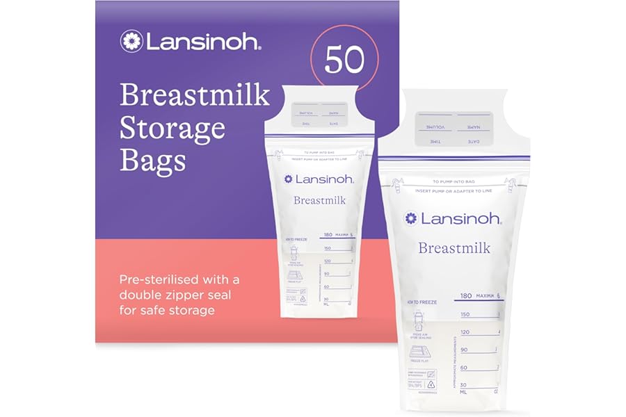Lansinoh Breast Milk Storage Bags - Pre-Sterilised, Leakproof & BPA/BPS-Free - Fridge & Freezer Breastmilk Pouches - Pump into bag with Lansinoh Breast Pumps - Breastfeeding Essentials - 50 Pack