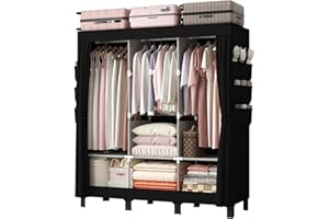 LOEFME Armadio 172 x 130 x 45 cm per camera da letto, nuovo armadio in tessuto di design base con 2 aste e 18 tasche laterali, armadio in tessuto, economico, pieghevole, colore: nero