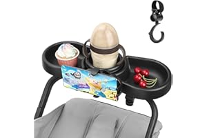 MYPIN Getränkehalter Kinderwagen Snack Tablett, 4 in 1 Universal Becherhalter Kinderwagen Snack Tablett mit Handyhalterung, Abnehmbare Kinderwagen-Zubehör, 360°Drehung für Baby Kleinkind, schwarz