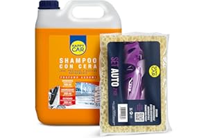 HAPPYCAR Happy Car - Kit Autolavaggio Spugna, Shampoo e Panno - Cera Auto 5l - Lucidante e Protettivo per la Carrozzeria - Concentrato - Asciugatura Rapida - Panno Delicato in Pelle Sintetica - Agrumi