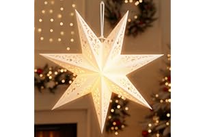 LIOOBO Paper Star Lantern Lampshade: White 7 Pointed Hollow Out Star Lights Lantern Wedding Christmas Ceiling Wedding Party Birthday Hanging Pendant Decor Supplies 45CM Paper Light Shade