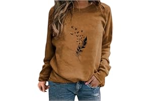 BUDAOWENG Sweat Femme sans Capuche Chic Imprimé Plume Sweat Shirt Femme Manche Longue Chemisier Femme Chic Et élégant Col Rond Sweatshirt Femme Grande Taille Pull Femme Sexy Top