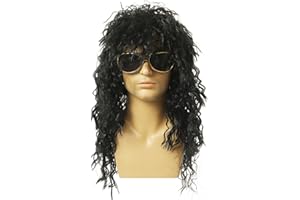 SKHAOVS 70s 80s Heavy Metal Disco Wig, Rock Star Heavy Metal, Hard Rocker Wig, Glam Rock Fancy Dress, Long Curly Hat Black Rocker Costume Ancy Dress Accessories (Black)
