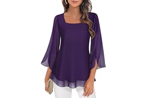 Syphiby Womens Blouses Ruffle 3/4 Sleeve Tunic Tops Loose Flowy Square Neck Chiffon Top Double Layers Mesh Shirts M-3XL