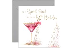 OLD ENGLISH COMPANY Old English Co. Special 50th Birthday Card for Female Friend - Best Friend 50th Birthday Card - Fabulous Pink Cocktail Gold Foil Glitter Design - Cute Sparkle Card for Her | Blank Inside Envelope