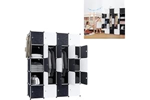 YUENFONG - Armadio con sistema di scaffalatura in polipropilene (PP), guardaroba con ante, con scaffali sfilabili, portatile, adatto per vestiti, libri e giocattoli, 20 scatole (bianco e nero)