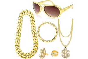 Lunriwis 6 PCS Hip Hop Costume Set,80s 90s Hip Hop Fancy Dress Accessories, Rapper Hippie Accessories, Dollar Sign Necklace,Dollar Sign Hip Hop Ring, Hippie Retro Glasses