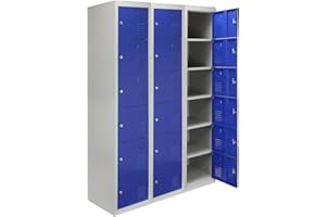 Monster Shop Metal Lockers 3 x 6 Doors Storage, Flatpack Blue & Grey Metal Lockable Unit Staff School Gym Changing
