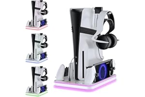 AriKroii Support PS5/PS5 Slim/PS5 Pro avec PS Portal et PS5 Controller Station de Charge, Station Ventilateur de Refroidissement à 3 Niveaux lumières RGB Charge Simultanée de Appareils(RGB)
