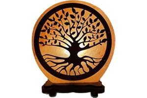 clorophilla. Lampada di Sale Rosa dell'Himalaya Tonda con Decoro Albero della Vita e Base in Legno Certificazione Inclusa-5kg-Contro l'ansia, Filo e Lampadina Inclusi (Albero della Vita)