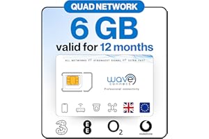 Wave Connect Quad Network Data Only SIM Card, Three, EE, O2, Vodafone, 4G LTE + 5G Prepaid, Activates On First Use, Includes UK, Ireland, EU, For Unlocked Devices (6GB | 12 Months)
