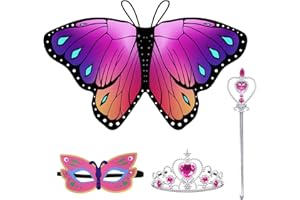 Landifor 4 Stück Schmetterlingsflügel Kostüm Kinder Schmetterling Flügel Umhang mit Filzmaske Krone Zauberstab für Mädchen Geburtstag Geschenk Karneval Party Zubehör（rosa）