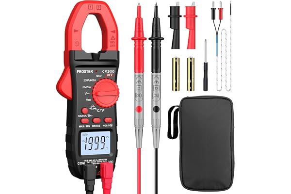 Proster 600A Pince Ampèremétrique Numérique NCV, 2000count Multimetre Professionnel TRMS Pince Multimètre Courant AC Tension AC/DC NCV Continuité Résistance Température Diode Hz