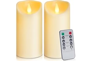 Auralome LED Battery Operated Candles - 6”x3” Remote Control Timer Pillar Candle Flameless Realistic Flickering Large Plastic LED Candle Outdoor Electric Fake Artificial Church Candle Ivory Set of 2