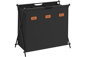 SONGMICS Cesto Portabiancheria, Porta Biancheria Sporca da 135 L, 3 Scomparti, Struttura Pieghevole a X, con Etichette, per Lavanderia Bagno Camera da Letto, Nero Inchiostro LCB130B01