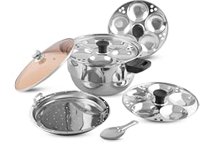 KSJONE Edelstahl Multi Kadai mit durchsichtigem Glasdeckel, 3 Idli-Teller (15 Idlis), 1 Idly Löffel und 1 Dampfgarer Silber (induktionsfreundlich)