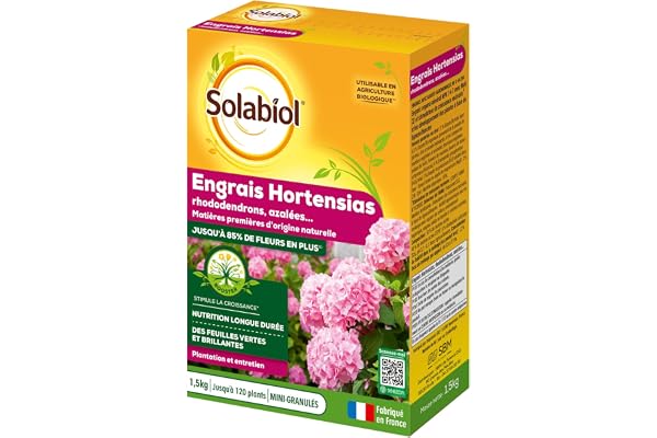 SOLABIOL Engrais Hortensias - Rhododendrons - Azalées & Camélias - 1,5Kg - Jusqu'à 120 Plants - Nutrition Longue Durée - 85% De Fleurs En Plus - Utilisable En Agriculture Biologique SORHOY15