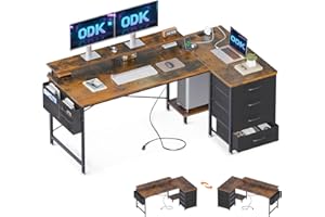 ODK Biurko w kształcie litery L, dwustronne, biurko narożne z 4 szufladami, stół w kształcie litery L z 2 portami ładowania USB i 2 gniazdami, z półką na monitor do domowego biura, 160 x 80 x 84,7 cm