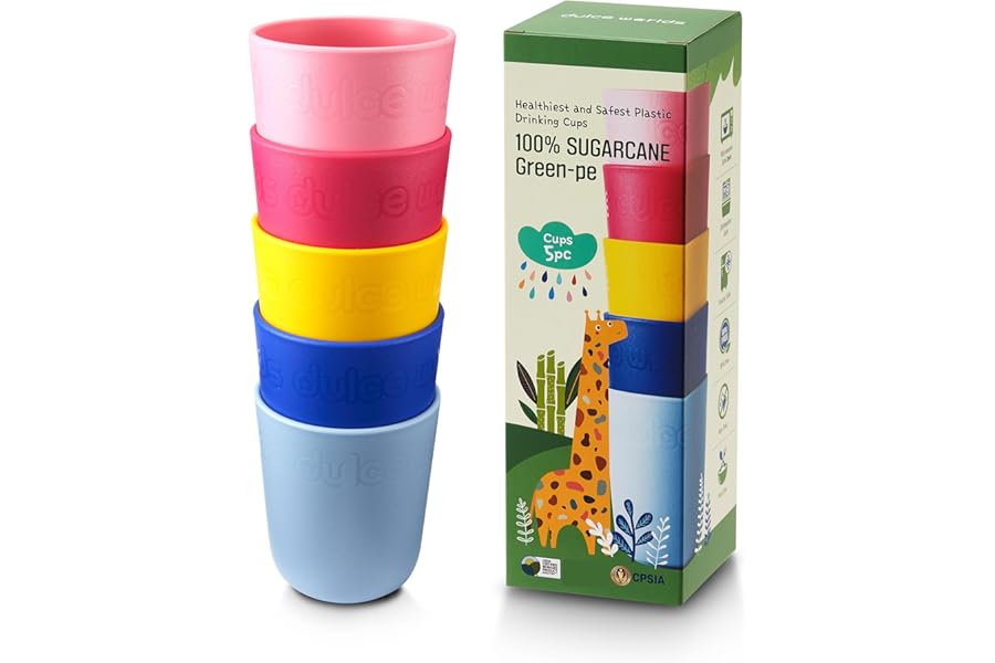 Dulce Worlds Sugarcane Toddler Cup 300 ml - Set of 5, LFGB & USDA Certified Kids Cup - BPA Free - Dishwasher Safe, Reusable, Unbreakable - Multi