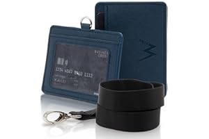 WLine Porta Badge da Collo in Pelle PU Saffiano - Portabadge con Taschino Trasparente Anteriore (Blu Saffiano Orizzontale)