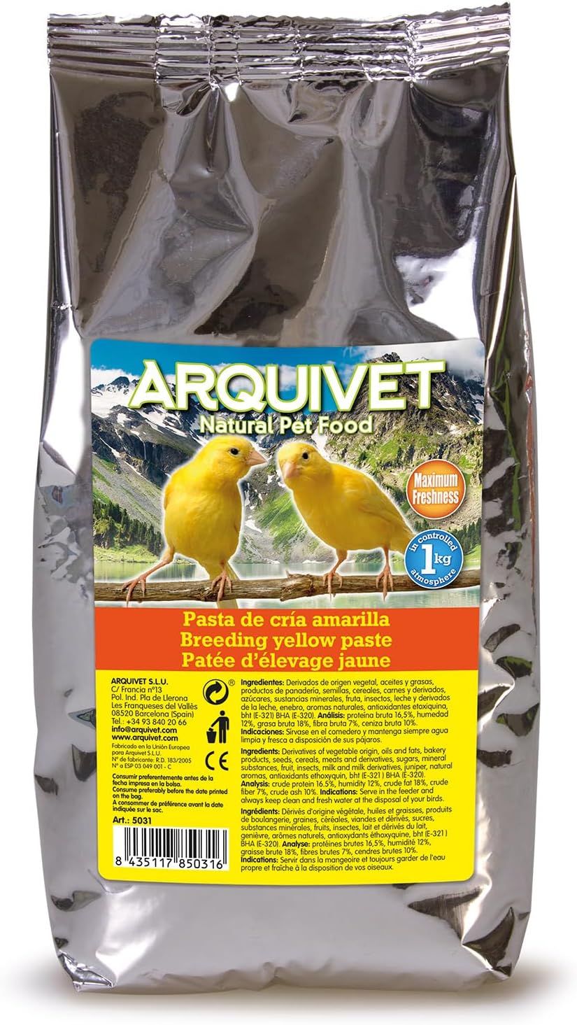 Arquivet, Pasta de cría Amarilla y Mantenimiento para pájaros, Sabor Neutro, Alimentación para Aves, Comida para Todo Tipo de pájaros y Especialmente de Plumaje Amarillo, 1 kg