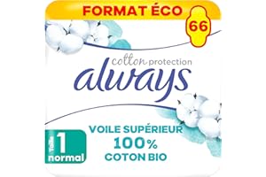Always Cotton Protection Ultra Normal (Taille 1) Serviettes Avec Ailettes 66X, Voile 100% Coton Biologique