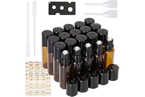 YFPOPONE 16 pustych butelek kulkowych o pojemności 5 ml na olejki eteryczne z bursztynowego szkła, do wielokrotnego napełniania, na olejki eteryczne, perfumy, kosmetyki, masaż