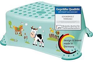 KINDERWELT Premium Scaletta Stabile Sgabello Funny Farm Acquamarina per Bambini con Anti-rutsch-funktion