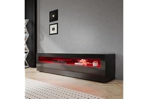 SIRHONA - Mueble de TV negro, mueble Tele con LED, iluminación LED RGB con color ajustable, 2 armarios con puertas, 180 x 40 x 45 cm, adecuado para salón o dormitorio