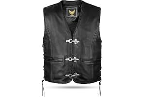 Leatherick Czarna kamizelka motocyklowa z prawdziwej skóry, pleciona kamizelka motocyklowa z klamrą z haczykiem wędkarskim