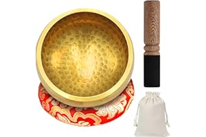 WANDGU Set di campane tibetane piccole, 8 cm, con bacchetta in legno e cuscino a campana tibetana, custodia in tessuto, per meditazione, yoga, chakra