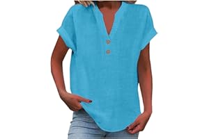 Yinguo Ladies Tops 2025 Women's Summer Cotton Linen Cap Sleeve T-Shirt Button V Neck Tunic Tops Fashion Baggy Solid Plain Casual Shirts Trendy Blouse