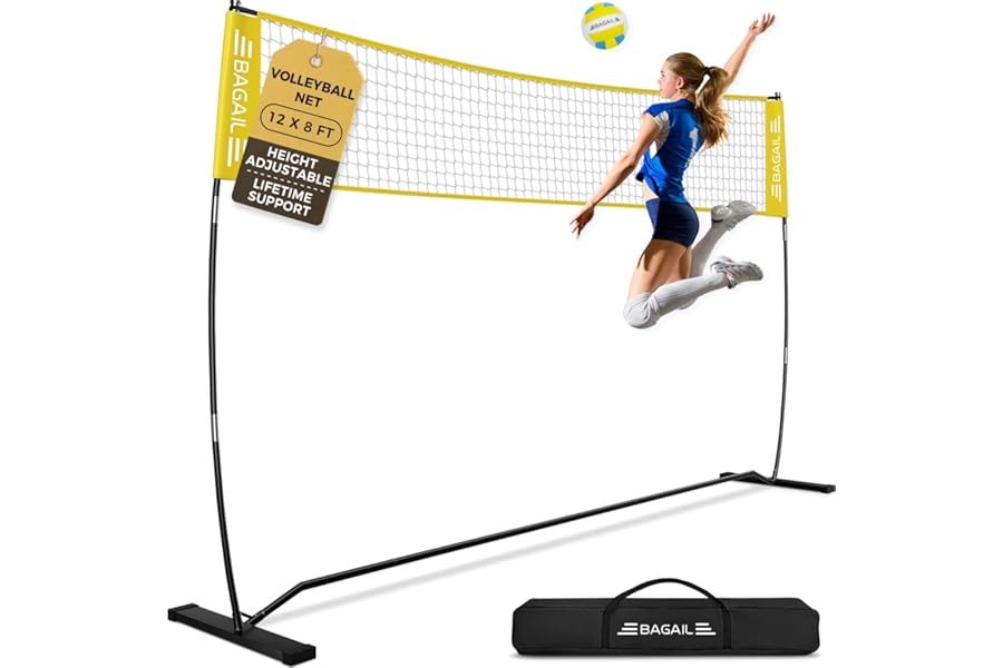 BAGAIL Volleyball Net, 12ft/20ft Portable Volleyball Net for Backyard - Adjustable Height, Heavy-Duty Frame, Freestanding Design - Portable Outdoor/Indoor Volleyball Set with Carry Bag