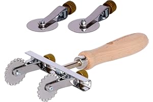 Tagliapasta Roulette Coupe-pâte feuilletée fraîche | 2 Lames Lisses réglables + kit d'économie 2 Lames dentées | diamètre 36 mm en Acier Inoxydable et poignée en Bois | emporte-pièces