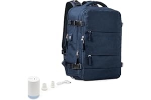 livbote Sac a Dos sous Vide de Voyage Cabine Avion avec Pompe – Sac de Compression avec Airbag, Port USB, Bagage à Main Imperméable,Bleu Marine avec Tissu Effet Lin