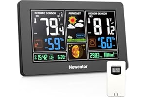 Newentor Weather Station Wireless Indoor Outdoor Thermometer, Color Display Digital Weather Thermometer with Atomic Clock, Barometric Pressure, Forecast Station with Adjustable Backlight, Black