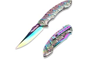 YiMai Cuchillo Plegable, Navaja de Bolsillo con cerradura grabado patrón mango, Cuchillo Plegable para Acampar, Pesca, Caza, Senderismo (Color degradad)