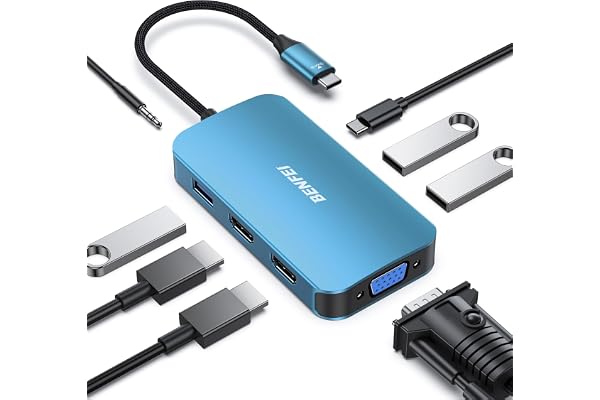 BENFEI Hub USB C MST 8 en 1 avec USB-C vers 2 HDMI/1 VGA, vers 3 Ports USB 3.0/100 W/Audio auxiliaire 3,5 mm, Compatible avec iPhone 15 Pro/Max, MacBook Pro 2023/2022/2021/2020, Surface Book et Plus