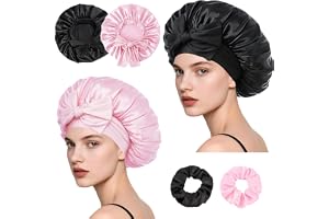 Loomify 2 Stycken Satäng Sovmössa, Justerbar Sidenmössa för Hårvård, Satängbonnet med Scrunchie för Kvinnor (Svart