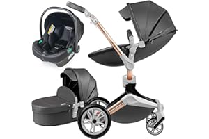 Hot Mom-Passeggino trio,Passeggino 3 in 1 con rotazione a 360 gradi,carrozzina per bambini,con adattatore,Seggiolino sportivo + cestino neonato (Grigioscuro3in1)