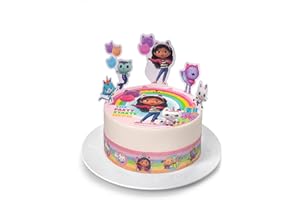Kardasis Gabby's Chat - Tapa de pastel y figuras de papel | Disco de Azyme comestible para tartas | Decoración de pastel para cumpleaños temática | 20 cm + 4 bandas 28 x 4 cm + 5 figuras