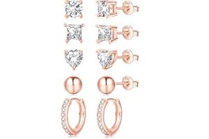 EXGOX Boucles d'oreilles en argent sterling, boucles d'oreilles en argent 925 pour les femmes et les filles, boucles d'oreilles en argent, boucles d'oreilles en forme de boule et de coeur (5 paires)