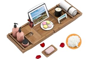 Domax Badewannenablage aus Bambus, erweiterbar, für Luxus-Badewanne, mit Buchhalter und Seifenschale